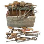 A kit of basket makers tools in pine box G+