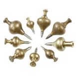 Nine brass plumb bobs by MARPLES (3) etc 2" to 3 1/2" G+