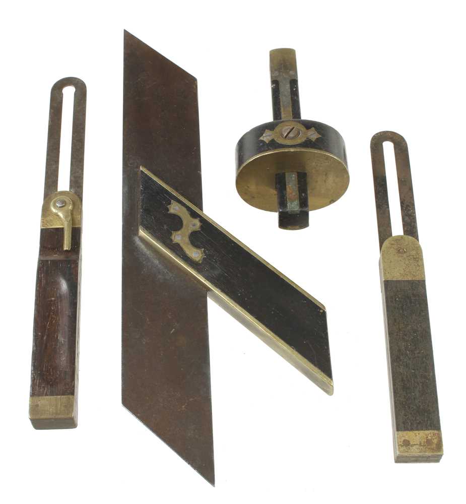 An ebony and brass mortice gauge, a mitre square and two bevels G - Image 2 of 2