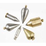 Four steel and two brass plumb bobs G+