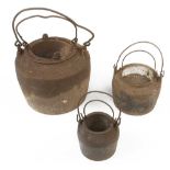A 7" iron glue pot, base rusty, and two smaller G