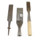 Three chisels 1 3/4" to 2 3/4" two require handles G