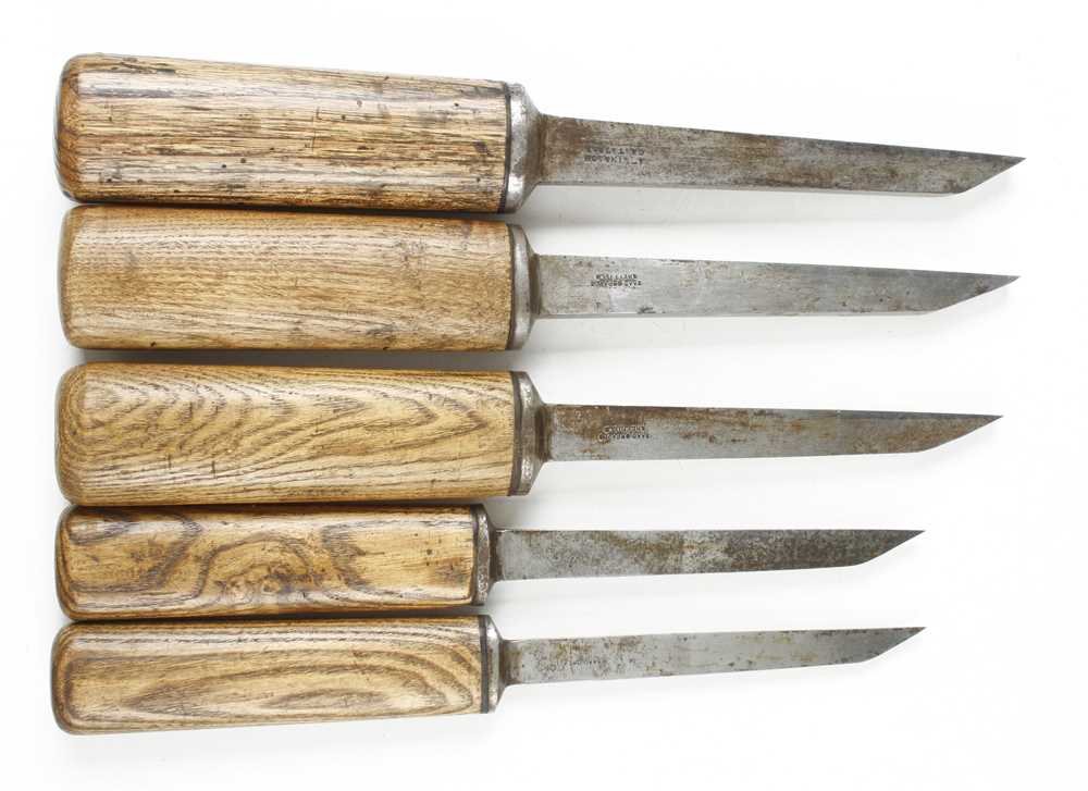 A graduated set of four mortice chisels by ISAAC GREAVES and another 1/8" to 9/16" G+ - Image 2 of 3