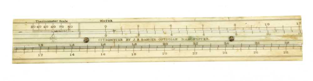 A 7 1/4" Dicas type ivory Citrometer 50 slide rule by J.B.DANCER Manchester with Thermometer