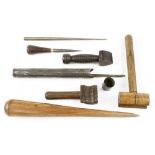 Seven sailmakers tools inc two serving mallets, sail pricker, rosewood fid and seam rubber and two
