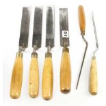 A set of three cranked gouges and a cranked bevel edge chisel by STORMONT and two others G+