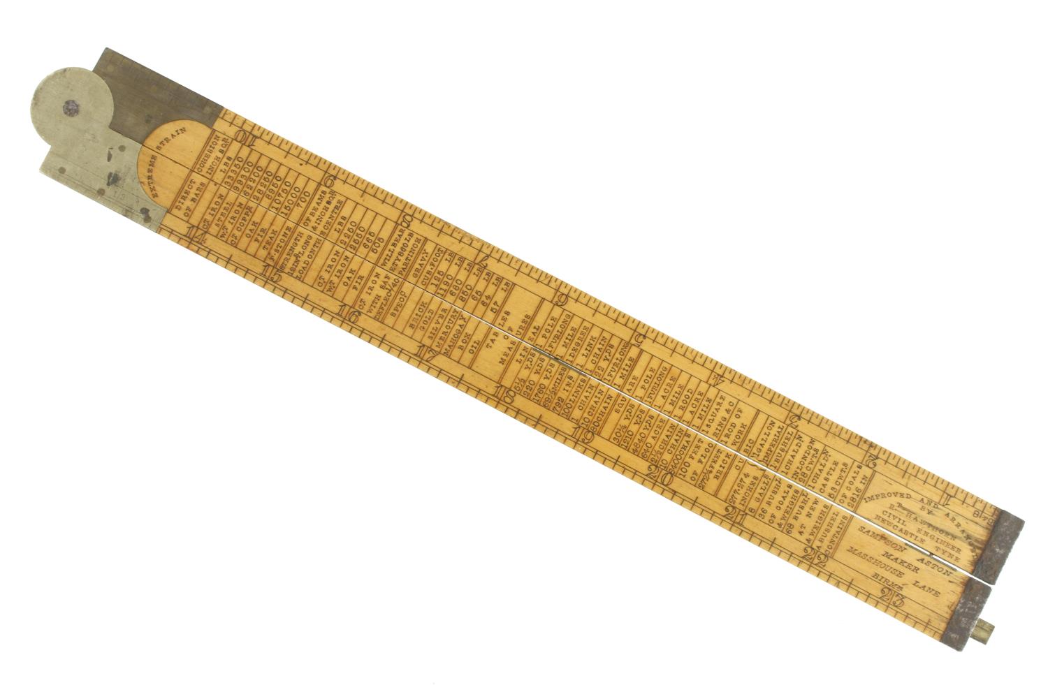 A 2' two fold boxwood and brass engineer's slide rule by SAMPSON Aston, Improved and Arranged by R. - Image 2 of 4