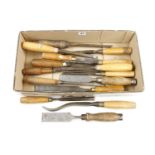 A mortice lock chisel and 12 other chisels and gouges G+