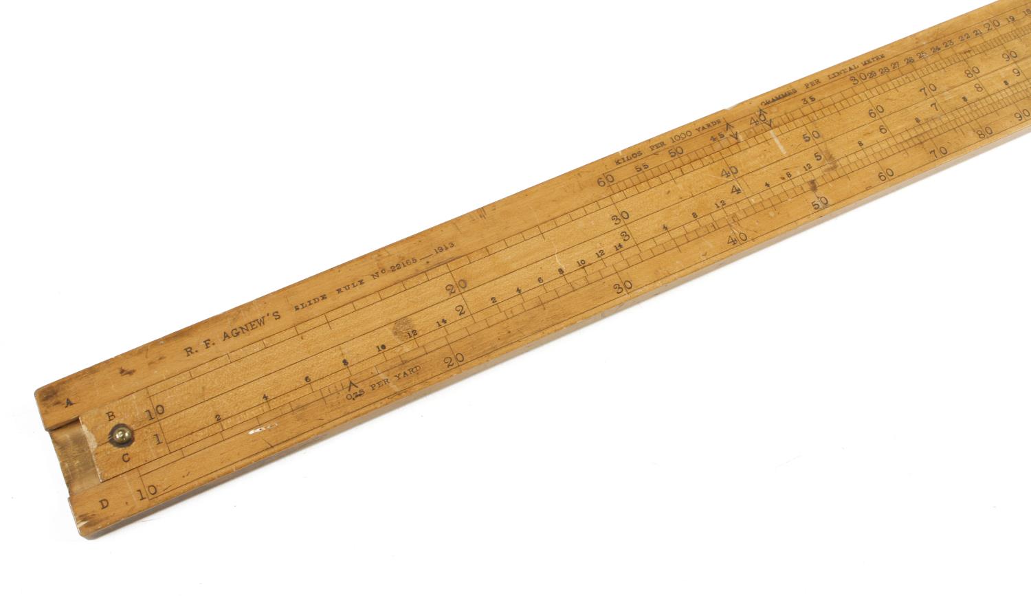 R.E.AGNEW'S 24" Slide Rule No 22165-1913 with Kilos per 100 yds, width in inches etc Patent - Image 2 of 2