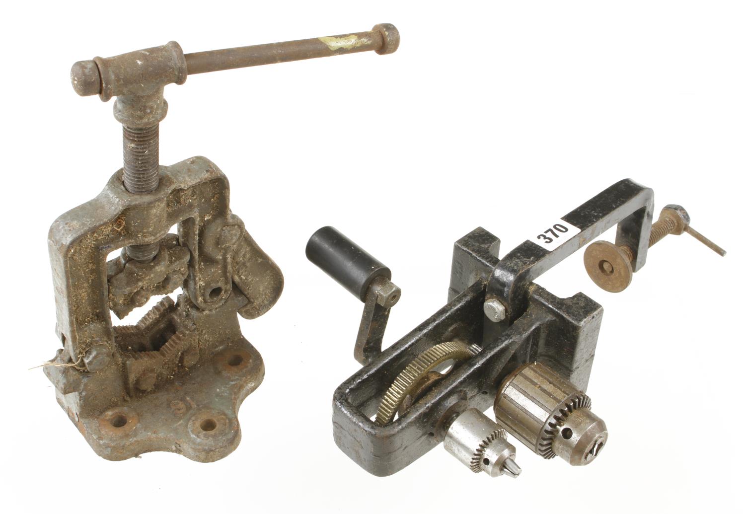 An unusual adapted bench mounted handdrill and a pipe vice G