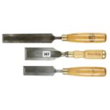 Two 1 1/2" bevel edge chisels by MARPLES and a 2" by SORBY G+