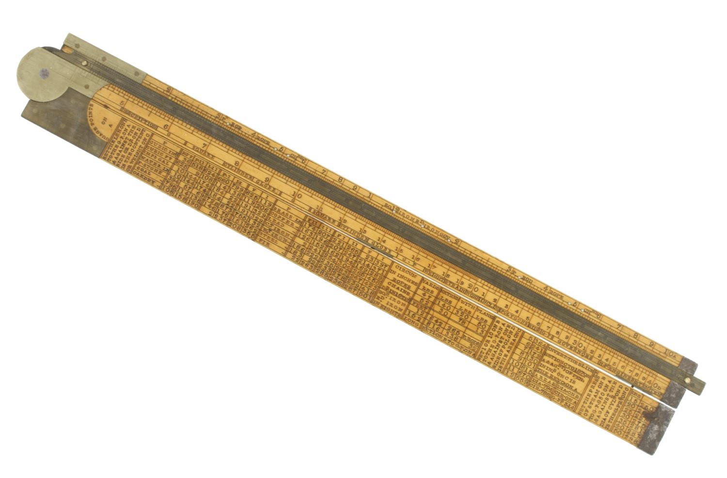 A 2' two fold boxwood and brass engineer's slide rule by SAMPSON Aston, Improved and Arranged by R.