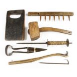A thatcher's comb, spud board, shears, line bobbin, hook, mallet and sheaf carrier G