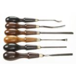Six carving tools with exotic wood handles G+