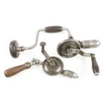 A corner hand drill by CHAPMAN and an unusual ratchet brace with hand drill attachment G+