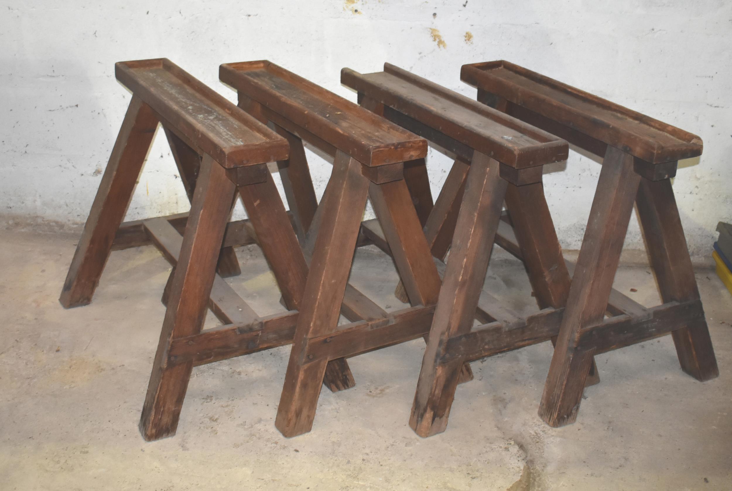 Four upholsterer's wooden trestles c/w two tops - Image 2 of 2