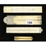 A 7" ivory slide rule by A ALLAN maker (probably shortened) and three other damaged or repaired
