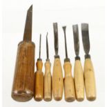 Six carving tools and a mortice chisel G+