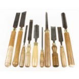 Three turning tools and 7 other chisels and gouges G+