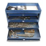 An engineer's metal tool cabinet with micrometres and other tools G