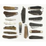 16 folding penknives, some with horn or ebony scales G+