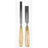 Two bevel edge paring chisels 1 3/8" by MARPLES and 3/4" by SORBY both with boxwood handles G+