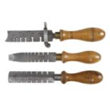 A crosscut sawset with boxwood handle and two smaller sawsets with beech handles G+