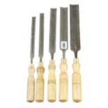 Five bevel edge chisels 3/4" to 1 1/2" G+