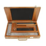Two MOORE & WRIGHT engineer's squares, two rules and a rosewood square in fitted box G+