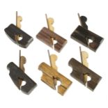 Six contemporary miniature stair rail planes in exotic woods 2 1/2" to 2 5/8" G++