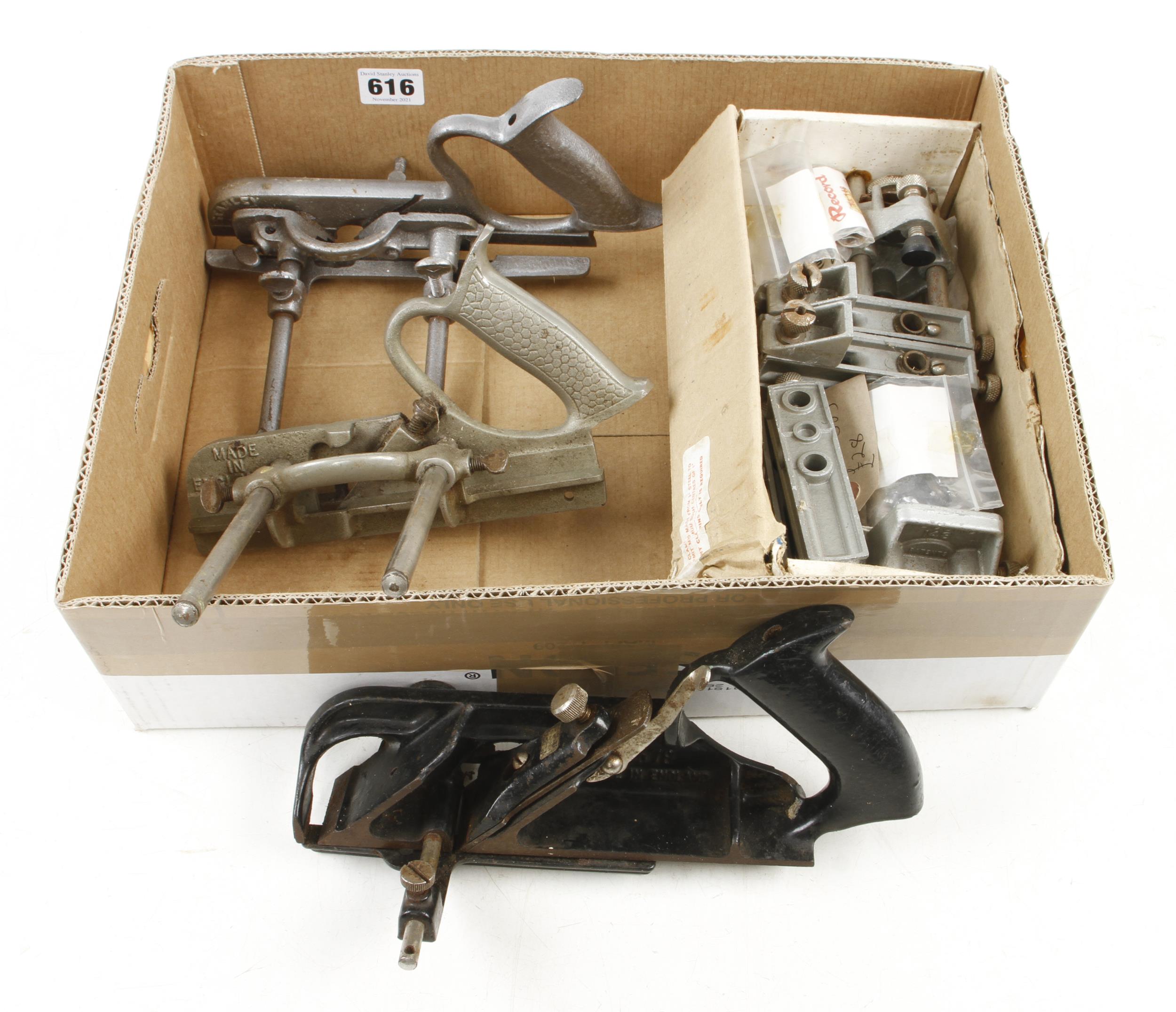A RECORD dowelling jig, STANLEY No 76 and two part combination planes G
