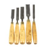 Five named bevel edge chisels 1 /2" to 1" with boxwood handles G+