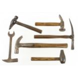 Six hammers incl. strap, cobbler's, plough, slater's and two marked coal G