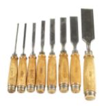 A set of 8 bevel edge chisels 1/8" to 1 5/8" with hardwood handles G+