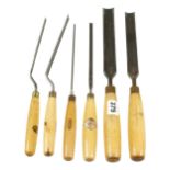 Six patternmaker's long gouges with boxwood handles by various makers G++