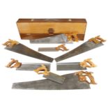 A remarkable set of 8 little used DISSTON saws comprising 4 hand saws of 3, 6, 7 and 10 TPI and 4
