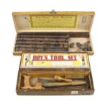 A boys tool kit by W KENT with 6 tools and a sign marking set by LE CHILDS G