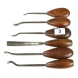 Six spoon carving gouges by ADDIS with mahogany handles G+