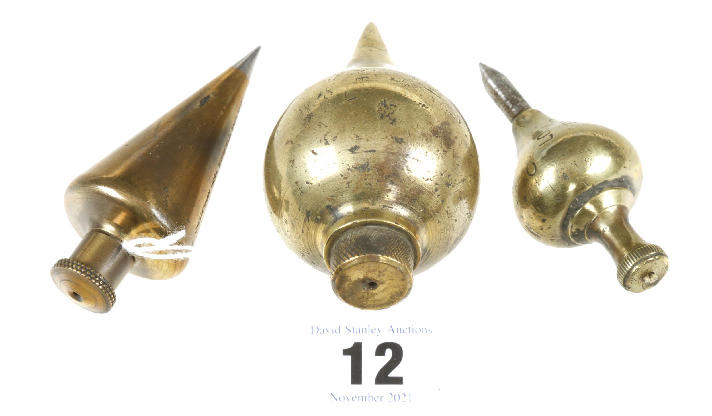Three brass plumb bobs 3 1/2" long G+ - Image 2 of 2