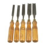A set of 5 gouges by SWIFT 1/2" to 1" with beech handles G+