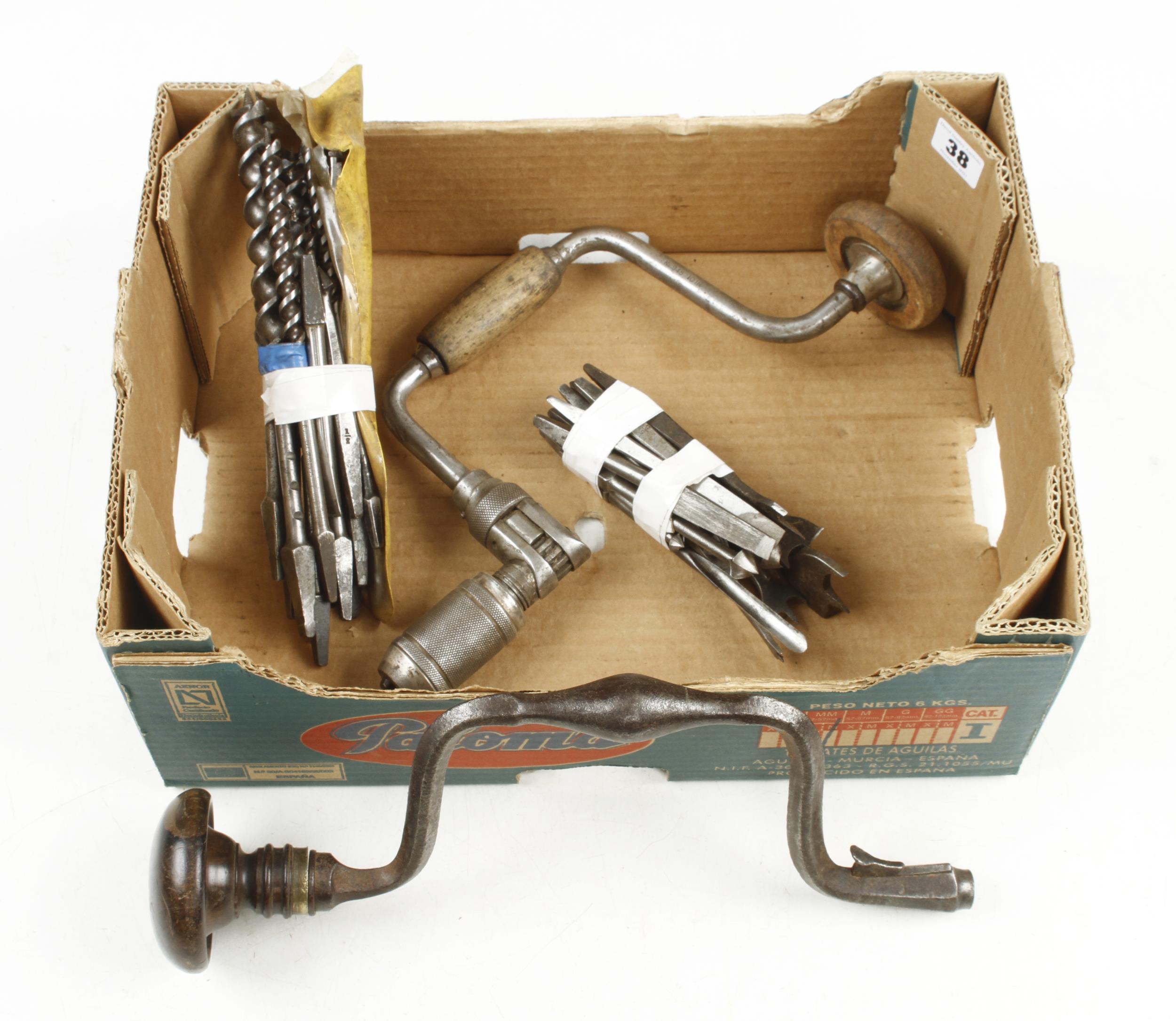 A Scottish style brace (some pitting), a ratchet brace and various twist and centre bits G