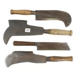 A billhook stamped W.S. and Scrivener & Sons Ipswich, two other billhooks and a hatchet G