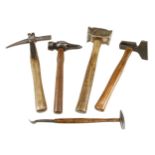 Five hammers; veneer, slater's, claw etc G