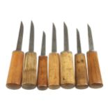 A bastard set of 7 mortice chisels by SORBY 1/8" to 1" with mostly ash handles G++
