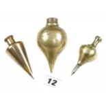 Three brass plumb bobs 3 1/2" long G+