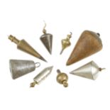 Three brass plumb bobs and 5 others G