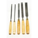 Five long paring gouges by MARPLES 3/8" to 1" with boxwood handles G++