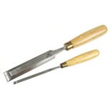 A 1 3/16" bevel edge paring chisel and a 1/4" mortice chisel both by WARD with boxwood handles G++