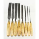 A little used set of 8 paring gouges 1/8" to 1 1/4" by MARPLES with boxwood handles G++