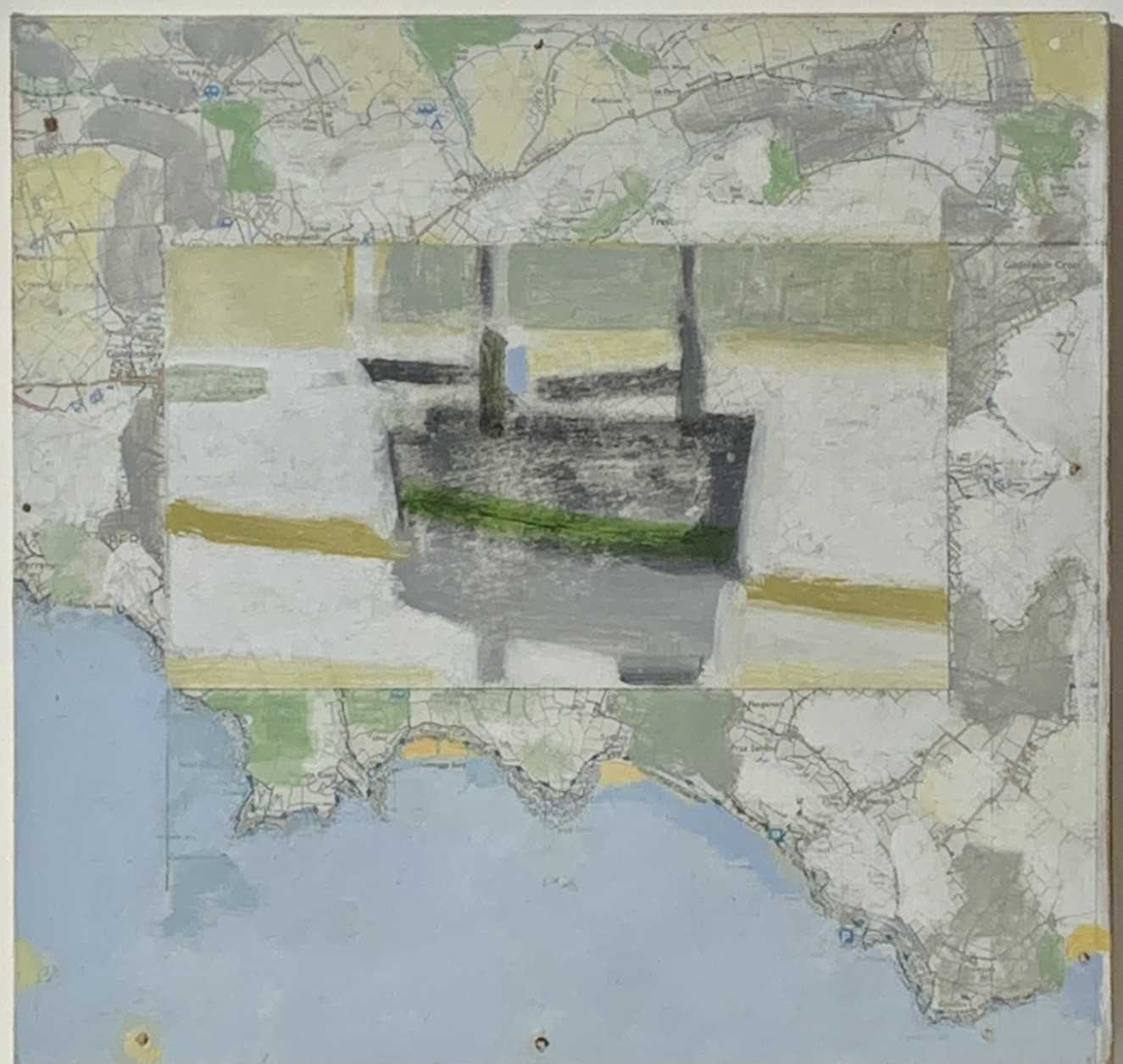 Michael UPTON (1938-2002)Map Boat, Mounts BayOil and collage on board Signed Estate label to verso